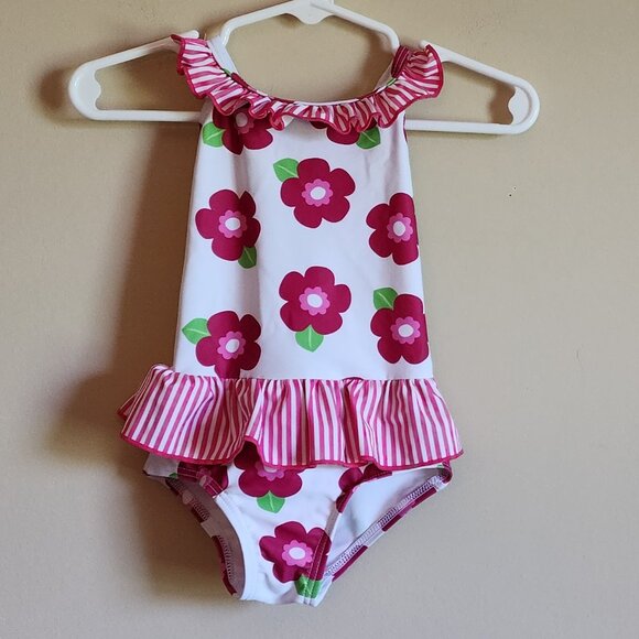 I PLAY - Baby Girl One Piece Swim Bathing /Pink Flowers Stripes/ Size 0-6 Months - Picture 1 of 5